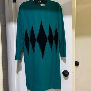 Carolina Herrera Vintage 80s green Wool Velvet diamond detail Dress Sz 6